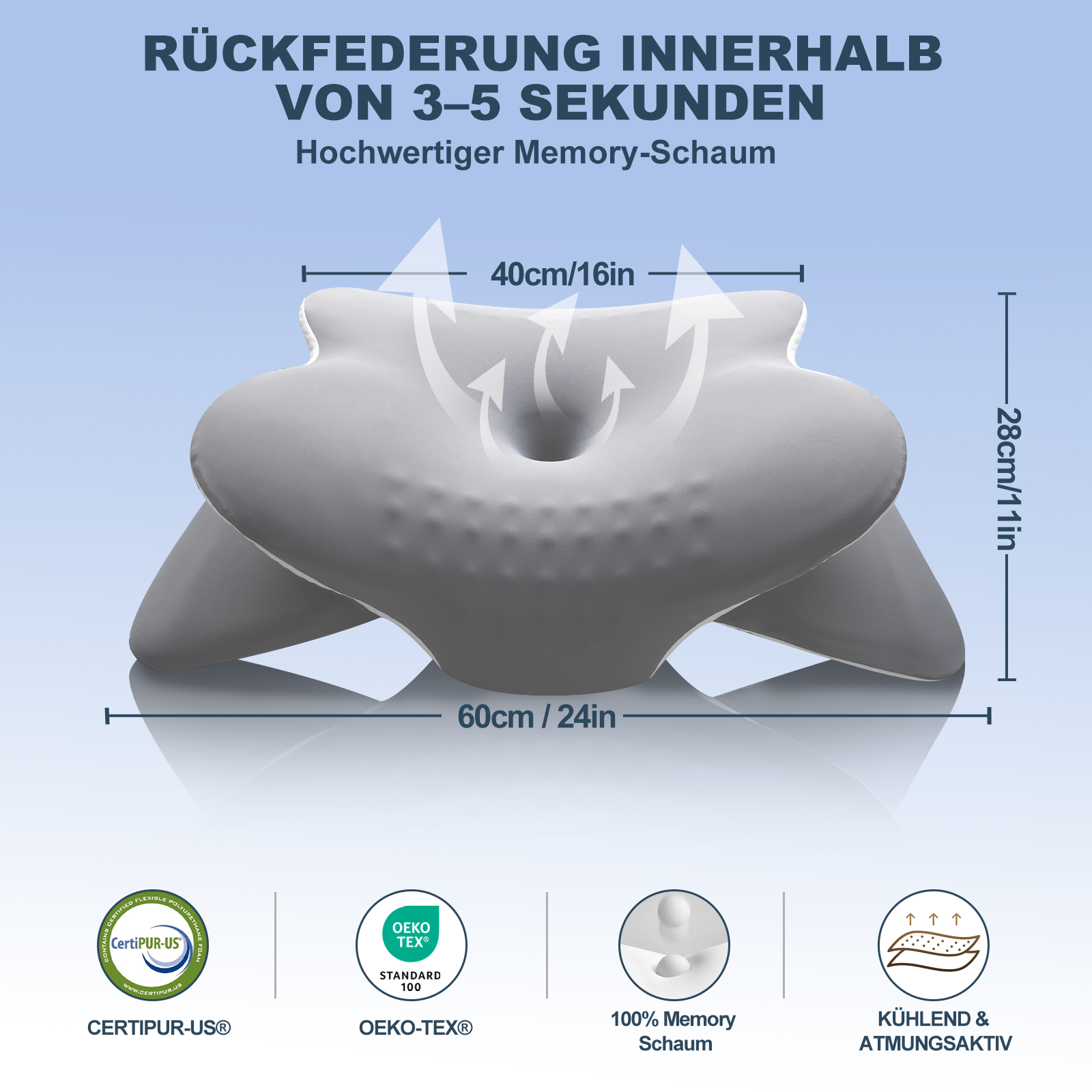 Seitenschläferkissen – Ergonomisches Nackenkissen in Schmetterlingsform Nackenstützkissen, OEKO-TEX Standard 100 zertifiziert, atmungsaktives Kopfkissen für Seiten , Rücken und Bauchschläfer,Grau