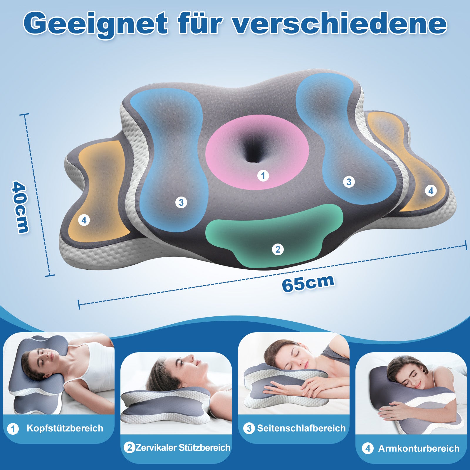 Ergonomisches Kopfkissen - Kissen für Seiten, Rücken & Bauchschläfer, Seitenschläferkissen Nackenkissen mit Kühlung Abnehmbare Kissenhülle,Grau - weiß