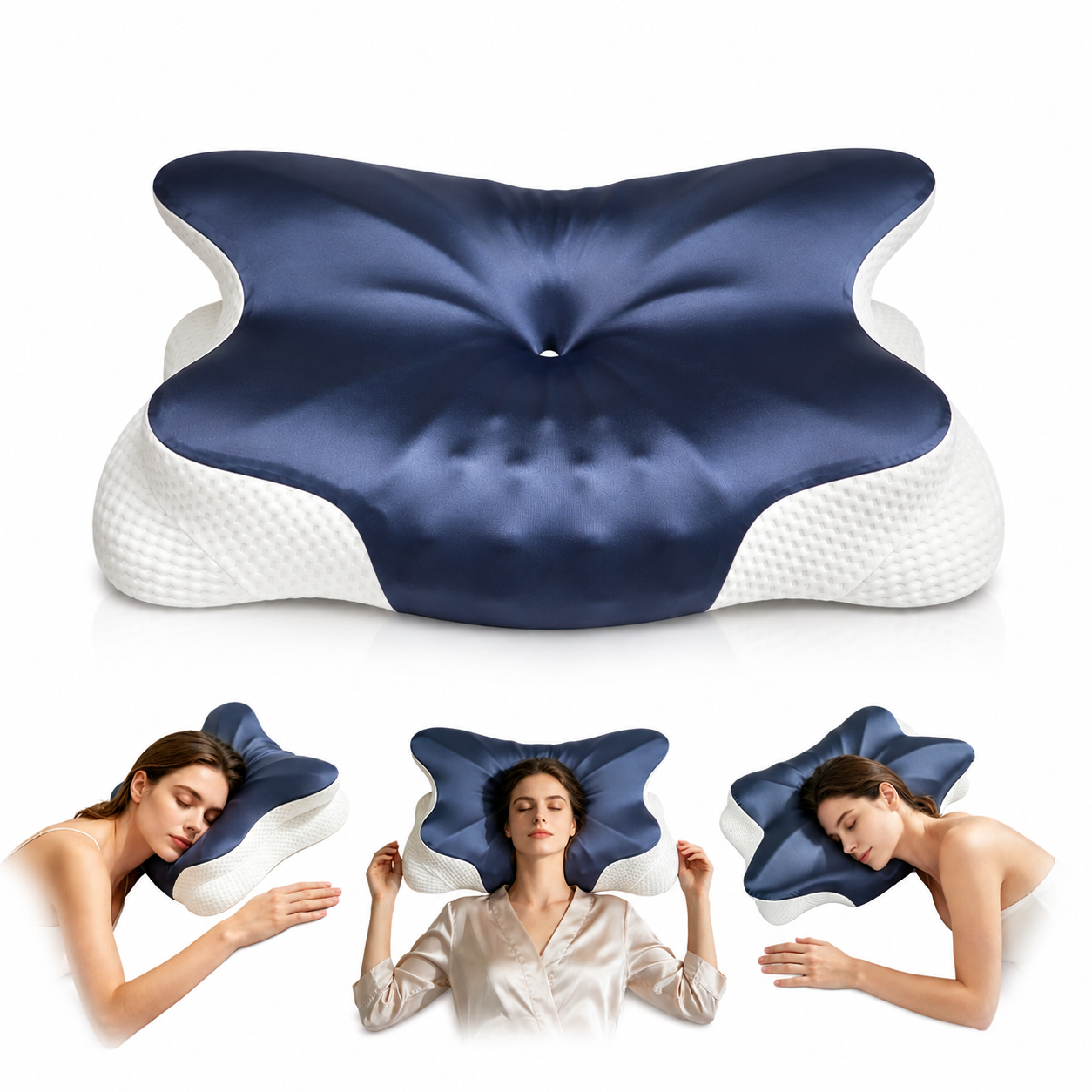 Ergonomisches Kopfkissen - Zwei Höhen Seitenschläferkissen mit Kühlender Eisseide-Bezug, OEKO-TEX® Zertifiziert Memory Foam Nackenkissen für Seiten, Rücken & Bauchschläfer, Mitternachtsblau-Weiß