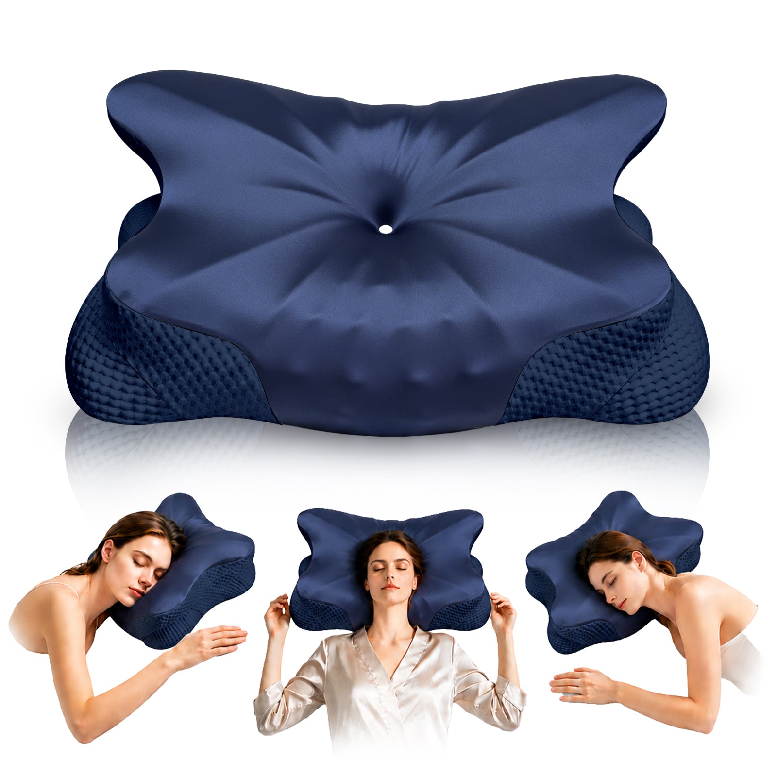 Ergonomisches Kopfkissen - Zwei Höhen Seitenschläferkissen mit Kühlender Eisseide-Bezug, OEKO-TEX® Zertifiziert Memory Foam Nackenkissen für Seiten, Rücken & Bauchschläfer, Mitternachtsblau