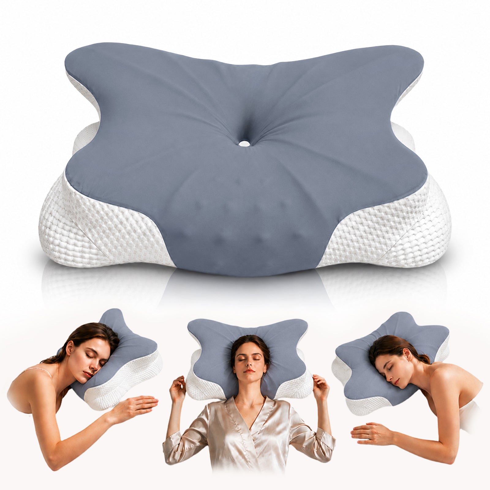 Ergonomisches Kopfkissen - Zwei Höhen Seitenschläferkissen mit Kühlender Eisseide-Bezug, Oeko-TEX® Zertifiziert Memory Foam Nackenkissen für Seiten, Rücken & Bauchschläfer, Schiefergrau